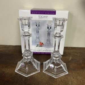 St. George Toscany Classic 8" Crystal Candlesticks Newport 24% Fine Lead Crystal
